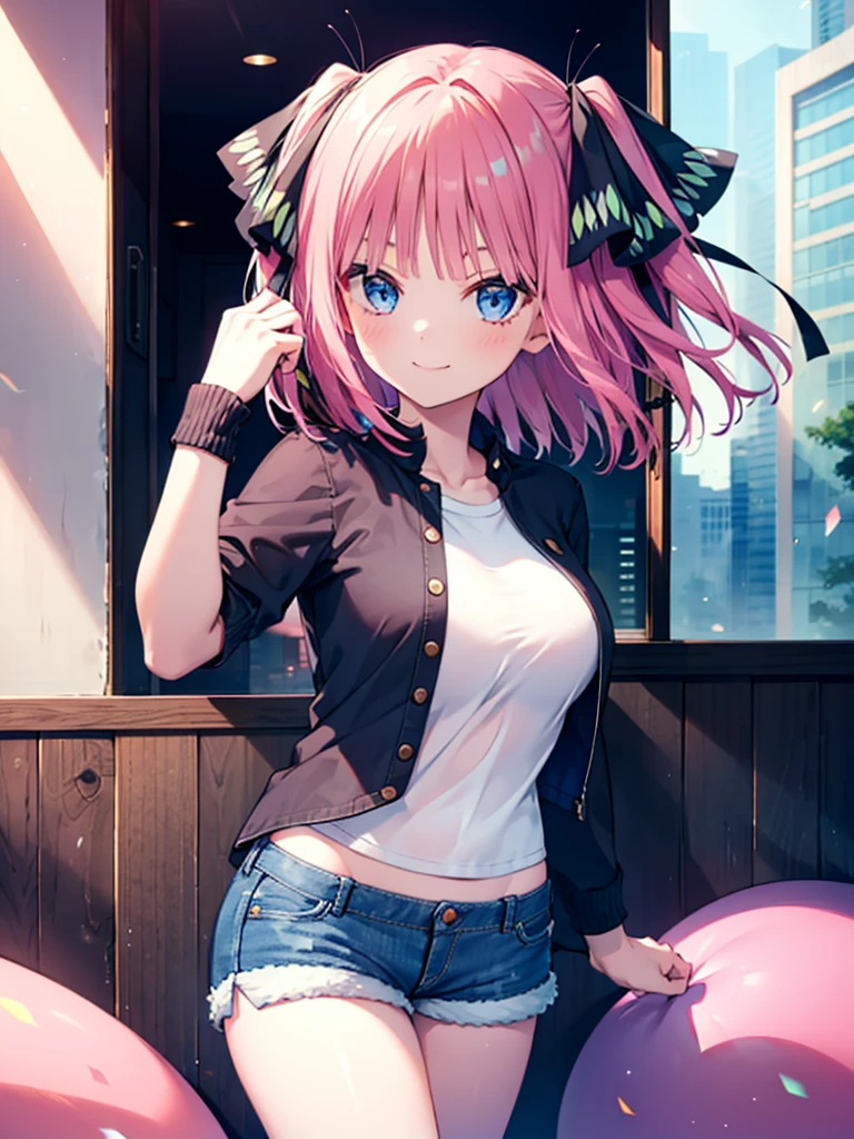 (8K, Highest quality, Highest quality, masterpiece), nn11girl, hair ribbon, long hair, smile, denim hot shorts, mini shorts, big breasts