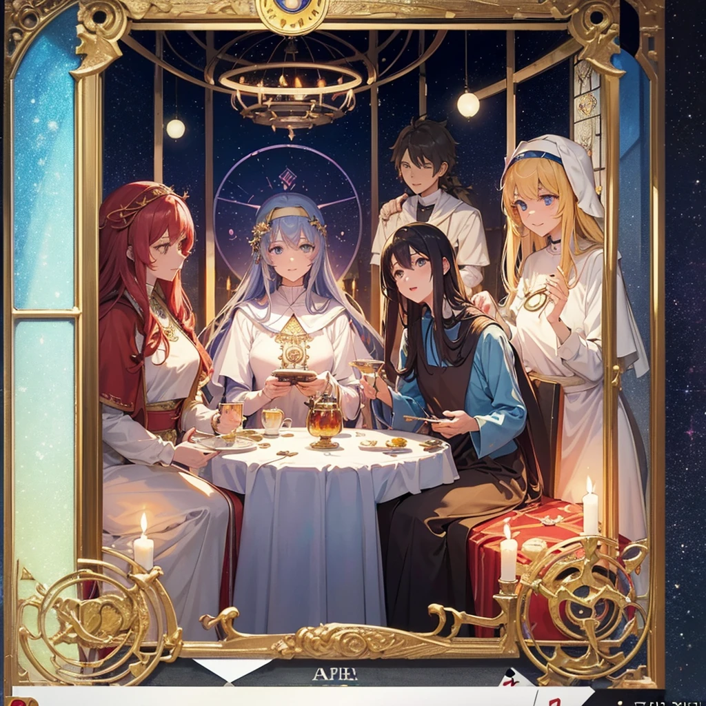 Tarot Cards(Female Pope(Salvator Mundi)のLast Supper( canteen Draw on canvas(Stained glass(Valentine hologram Blue light swirling) Last Supper holy grail Christ smile)Anime Poster、oil)