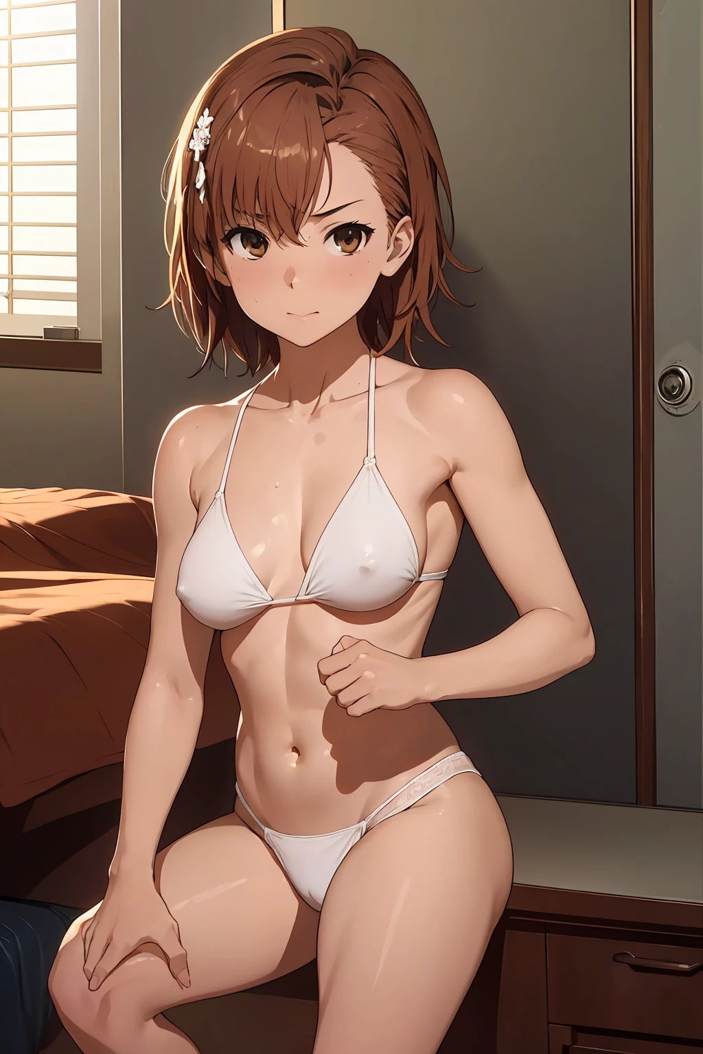 (Highest quality:1.5, High resolution, 超High resolution, 4K, Detailed lighting, Shaders), NSFW Misaka Mikoto, 独奏 short hair Brown Hair Brown eyes Cool face topless Black thong bikini Realistic sun rays Beautiful beaches Super fatty muscle Muscular Sweat nude, (pussyfocus:1.0) Sweat, Shiny skin, Heavy breathing, ( Sex, sexual intercourse, put in, Heterosexual, Motion Lines, Motion Blur, Talking Spirit:1.1), (Lie in, Lie in on your back, bed,Subjective:1.1)Completely naked (topless)++