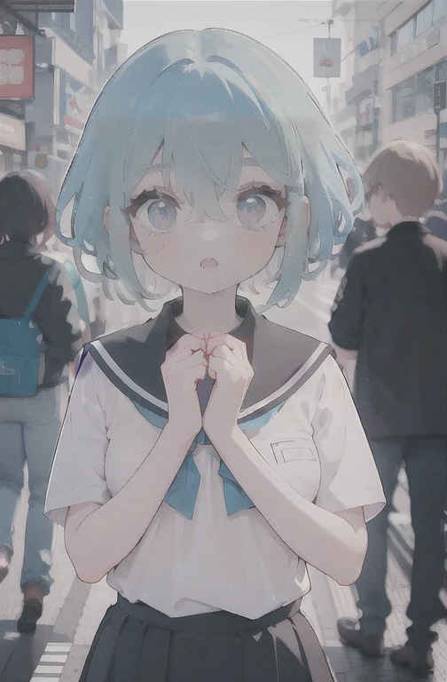 incredibily detailed, absurderes, ultra-highres, ultra detali, best qualityer,
1 girl, standing alone, beautiful hands, perfect hands,
break,
(wearing school uniform),
suprised, gaping mouth, wavy mouth,
cute pose, cowboy shot,
break,
苗条, kawaii, perfect symmetrical face, ultra cute girl, ultra cute face, ultra detailed eyes, ultra detailed hair, ultra cute, ultra beautiful,
from Canon EOS, SIGMA Art Lens 35mm F1.4, Shutter speed ISO 200 2000,
em harajuku, shibuya, Tokyo, Street, crowd, urban landscape,
medium breasts, (neckleace:-1),
break,
(cabelo roxo, blue colored eyes), hair between the eyes
