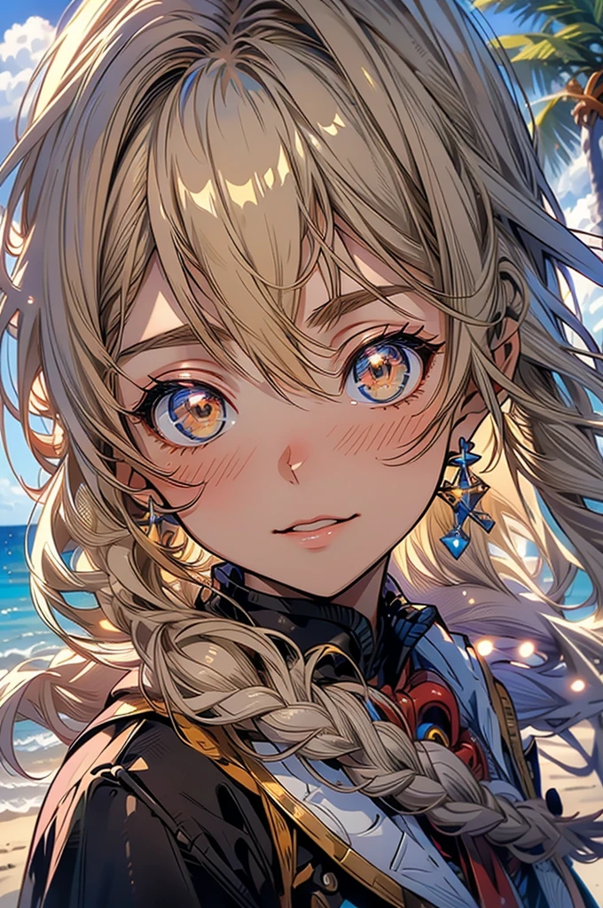 masterpiece, rich colors, Best quality, detailed, high resolution, Hyper quality, high detail, , high quality, detailing, skinny sexy girl on the beach , bright lighting , Brown eyes, Anime, palm trees, bright lighting, blonde,