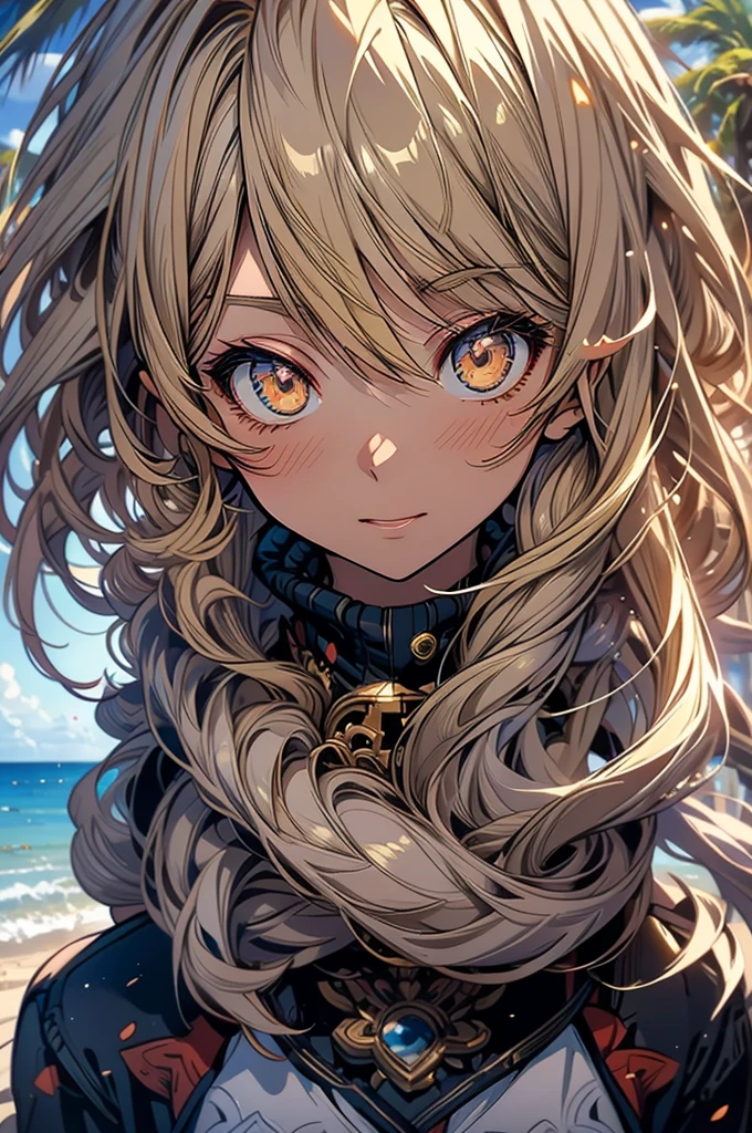 masterpiece, rich colors, Best quality, detailed, high resolution, Hyper quality, high detail, , high quality, detailing, skinny sexy girl on the beach , bright lighting , Brown eyes, Anime, palm trees, bright lighting, blonde,