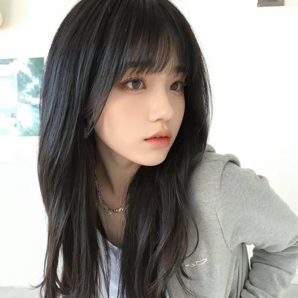 Korean girl with long black hair and bangs, she has pale skin. Ulzzang girl with gothic style, black hair with bangs. She is dressed in a gray jacket. Cute ulzzang girl with long black hair and bangs.