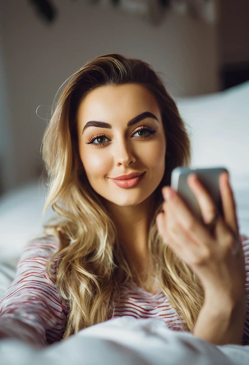 A 25-year-old woman A selfie in bed, blowing a kiss to the camera.