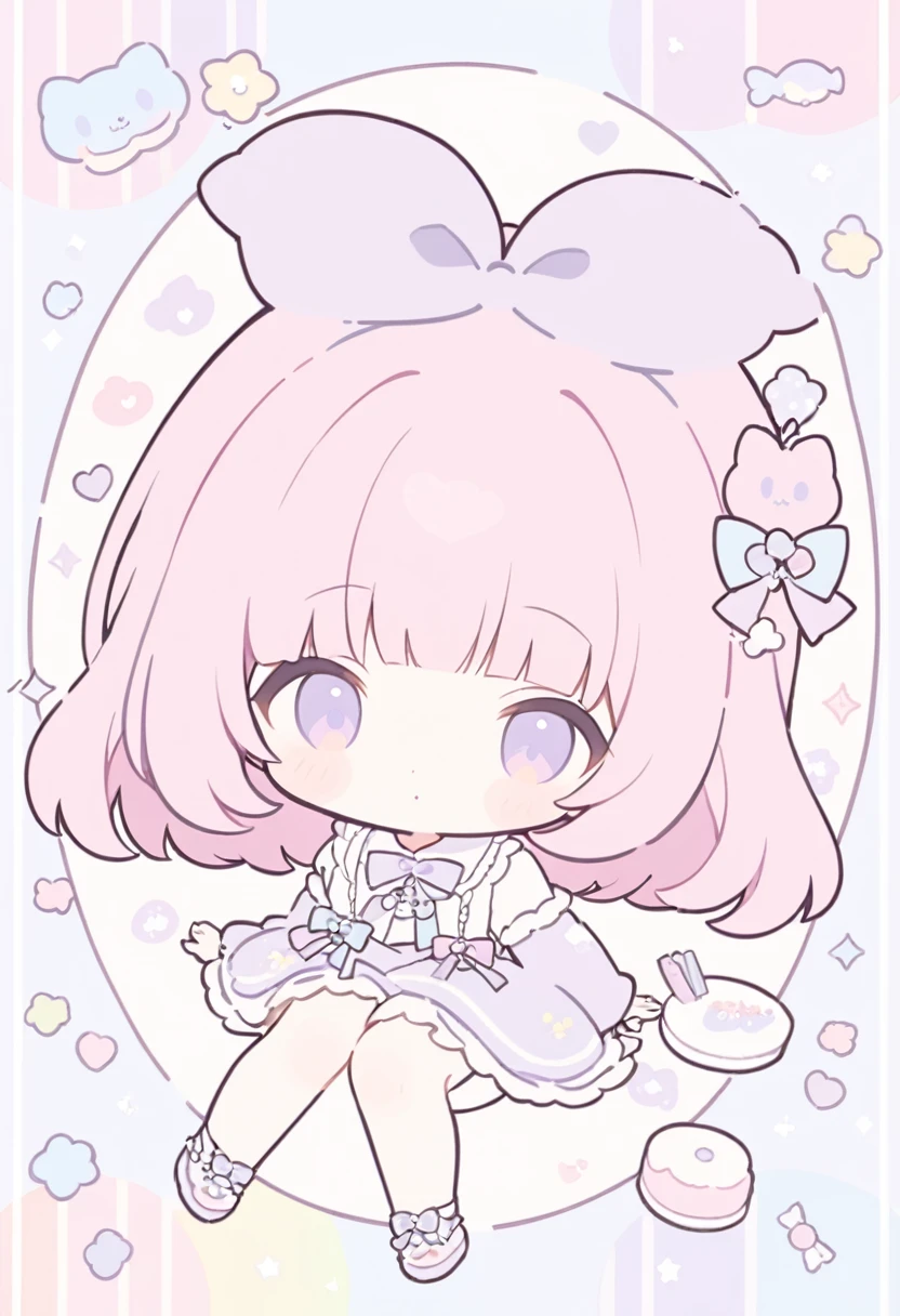 Craft a charming cartoon illustration of 1girl, Best quality, blunt bangs, long pink hair, purple eyes, chibi style, simple backgorund. The artwork should be characterized by minimalistic, rounded line art and pastel colors. The character should have exaggerated, endearing features, and the items should be stylized yet recognizable, sanrio style