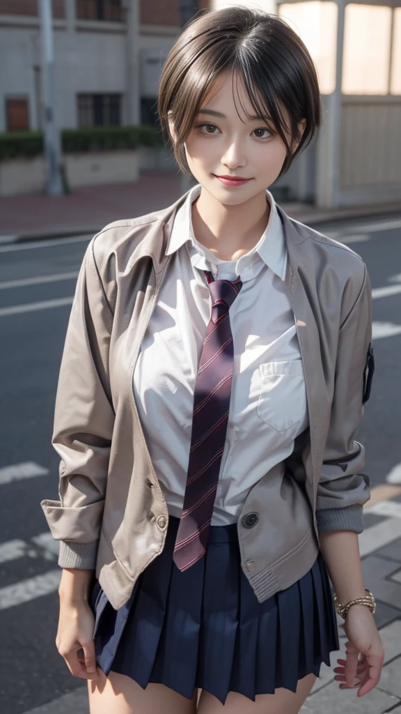 (masterpiece:1.2, top-quality), (realistic, photorealistic:1.4), beautiful illustration, (natural side lighting, movie lighting), nsfw,
looking at viewer, cowboy shot, front view:0.6, 1 girl, japanese, high school gyaru girl, perfect face, cute and symmetrical face, shiny skin,
(short hair:1.5, pixie cut:1.4, blond hair), bangs pinned back, red eyes, long eye lasher, (large breasts:0.6, thick thighs),
beautiful hair, beautiful face, beautiful detailed eyes, beautiful clavicle, beautiful body, beautiful chest, beautiful thigh, beautiful legs, beautiful fingers,
(((navy jacket), white collared shirts, grey pleated mini skirt, navy socks, brown loafer, red tie)),
(beautiful scenery), evening, riverside, standing, wave hands, (half-closed eye, lovely smile, upper eyes),
