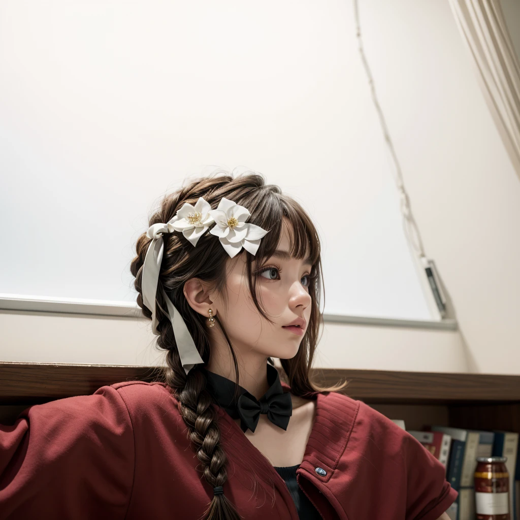 (Masterpiece:1.3), (Best Quality:1.3),inside,Bookshelf,window,Alone,1 girl, journey_black beer, Upper part of the body, standing,Brown Hair, Brown eyes, Alone, Hairclip, earrings, jewelry, short_Hair, White_hats, has, Hair_ornament, Brown_gloves, collar, short_shorts, x Hair ornament, red shorts, braid,