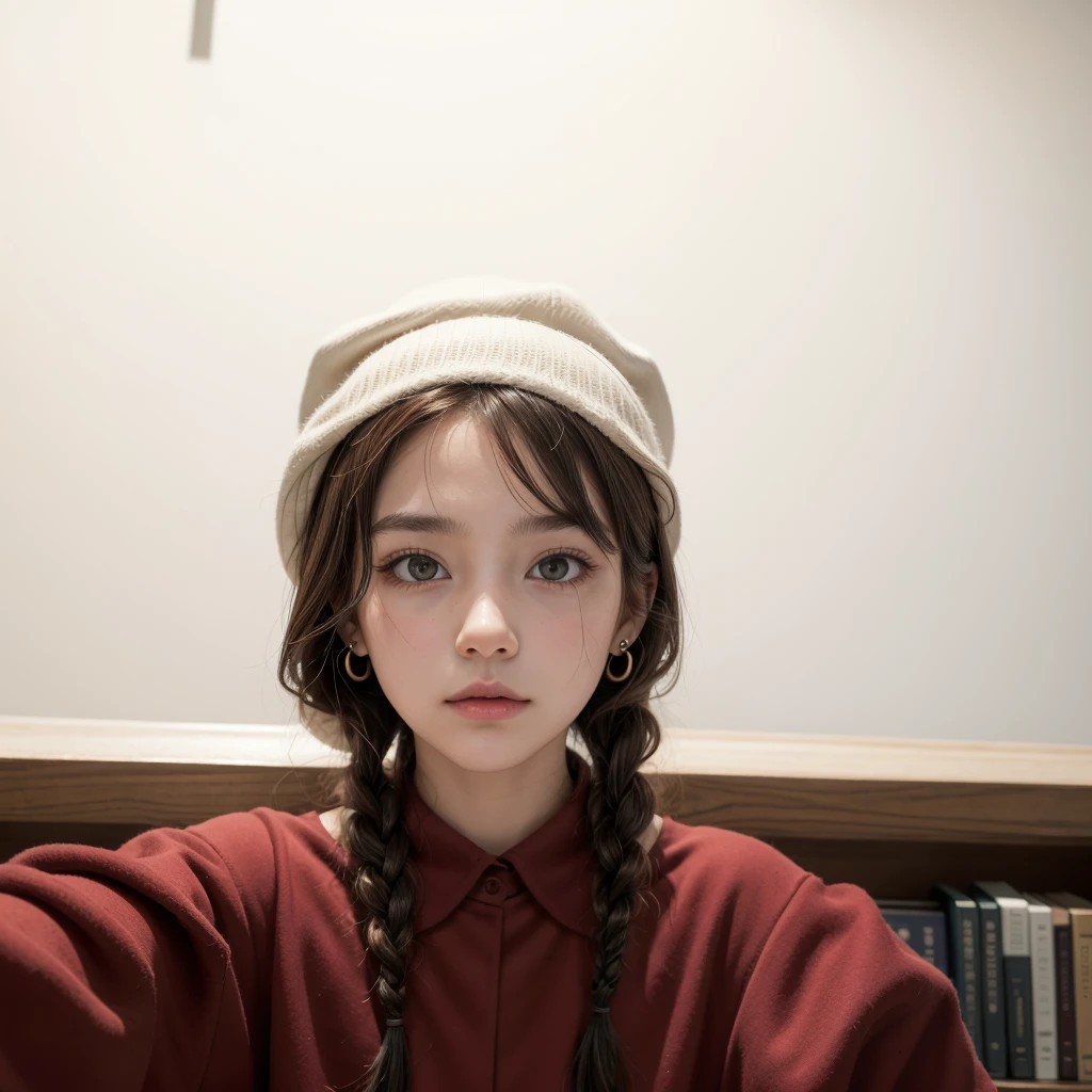 (Masterpiece:1.3), (Best Quality:1.3),inside,Bookshelf,window,Alone,1 girl, journey_black beer, Upper part of the body, standing,Brown Hair, Brown eyes, Alone, Hairclip, earrings, jewelry, short_Hair, White_hats, has, Hair_ornament, Brown_gloves, collar, short_shorts, x Hair ornament, red shorts, braid,