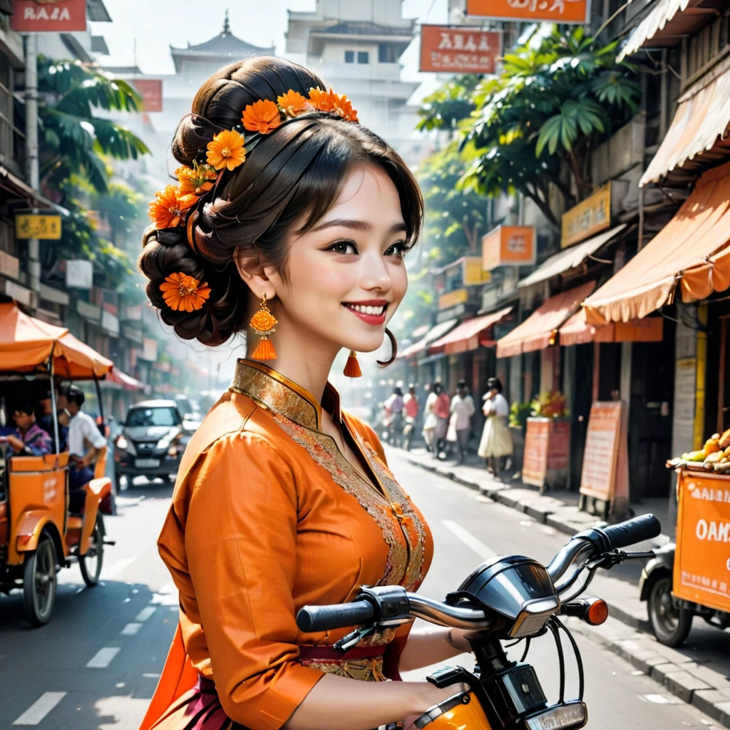 "Create an eye-catching digital illustration of a cheerful woman in traditional attire with large earrings and an elaborate hairstyle, riding an orange pedicab (bajaj) on a busy city street. The pedicab has a license plate that says 'BAJAK'. Include festive elements with a backdrop of city shops and other motorcyclists. Add the text 'Happy Birthday Djakarta' at the top to celebrate Jakarta's anniversary."