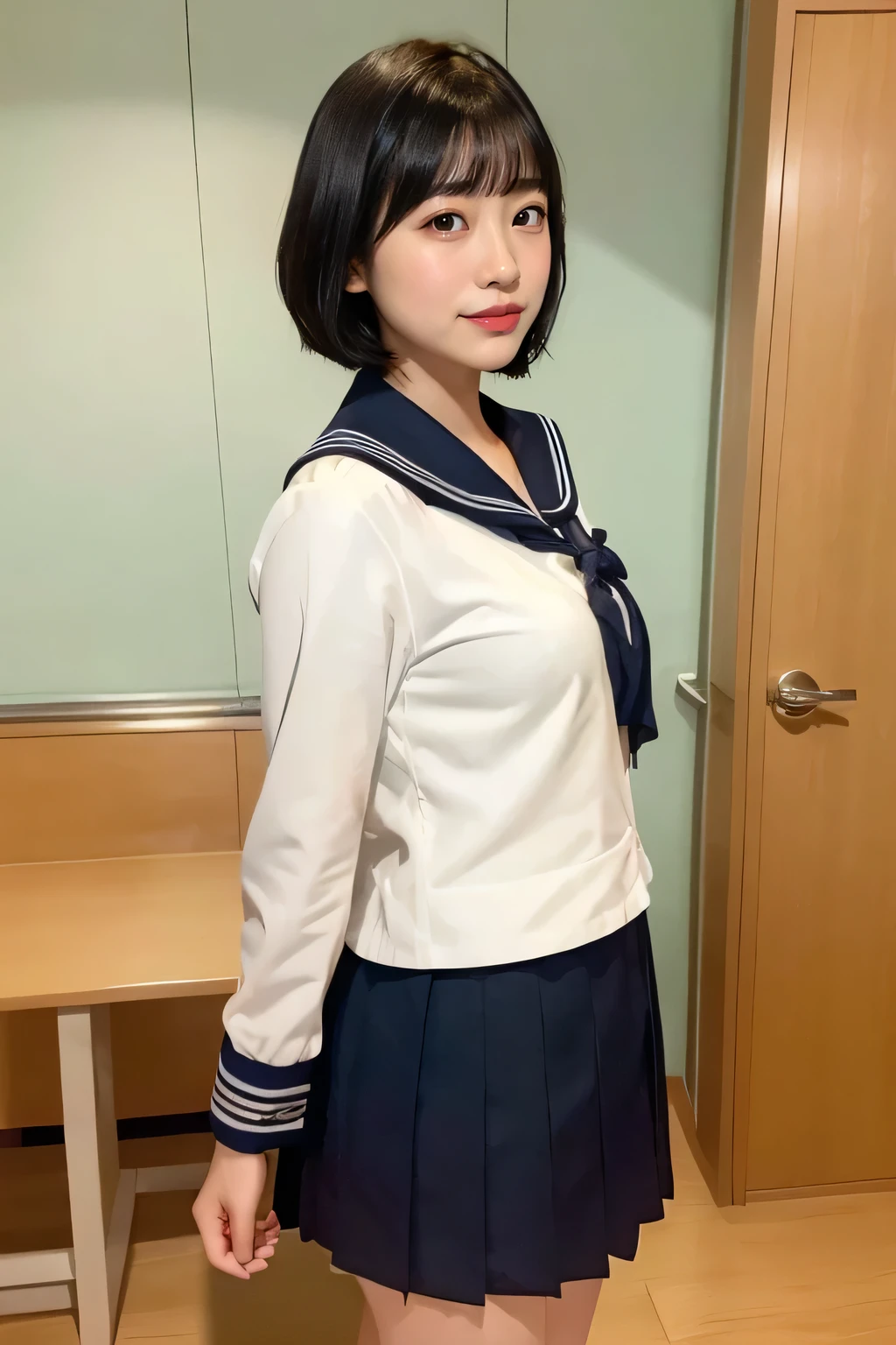 (photorealistic:1.2), 1 young female, (beautiful face:1.2), (sailor school uniform:1.3), (full body shot:1.3), break, indoor, classroom, (dynamic angle:1.1), from side, break, photo of young Japanese young female , (20 years old:1.4), detailed pores and skin lines, break, orgasm face, smile, (cum on face:1.2), break, very fine eyes, break, (small breasts:0.5), black eyes, black hair, short cut hair, break, (eyes and faces with detailed:1.0), (頬にそばかす, no makeup:1.3), break, (masterpiece, best quality, ultra detailed, detailed face, 8k), (rim light:1.2)