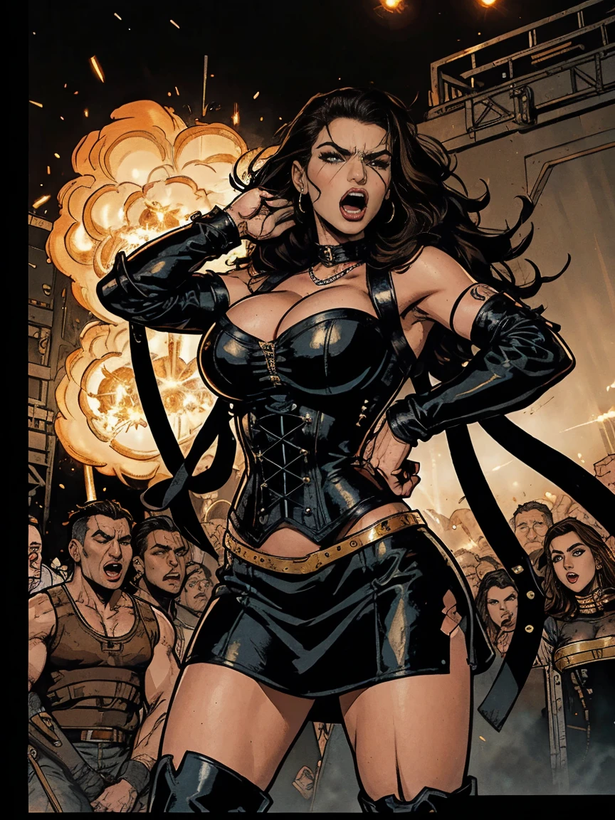 Extremely busty thin and toned brunette death metal singer, college girl, fair skin, big hair, hair pulled back, soft face, athletic, heavy makeup, piercings, black leather, studs, corset, boots, fingerless gloves, tight skirt, chains. standing on a stage, pyrotechnics, holding a microphone, metal concert. (microphone, fist in the sky), angry, rage, screaming. Heavy metal. Death metal. Explosions, fire.