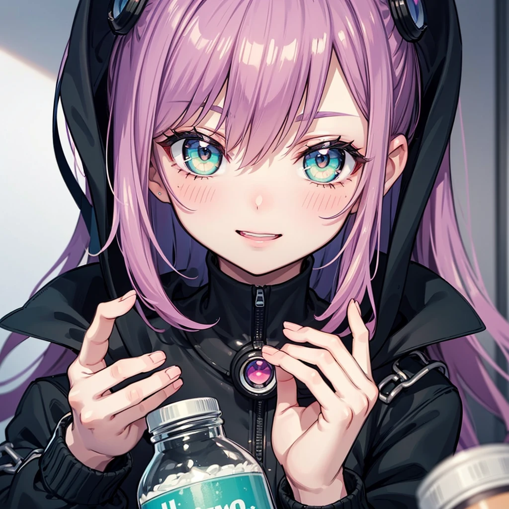 close up sexy young woman with adult appeal. She has pink hair. Her face is tilted slightly to the left and she appears radiant and happy, green eyes wide open and glowing with excitement. She is looking intently at a glass bottle full of drug capsules, with greater emphasis on the capsules, which she holds in her hands. cyberpunk theme.