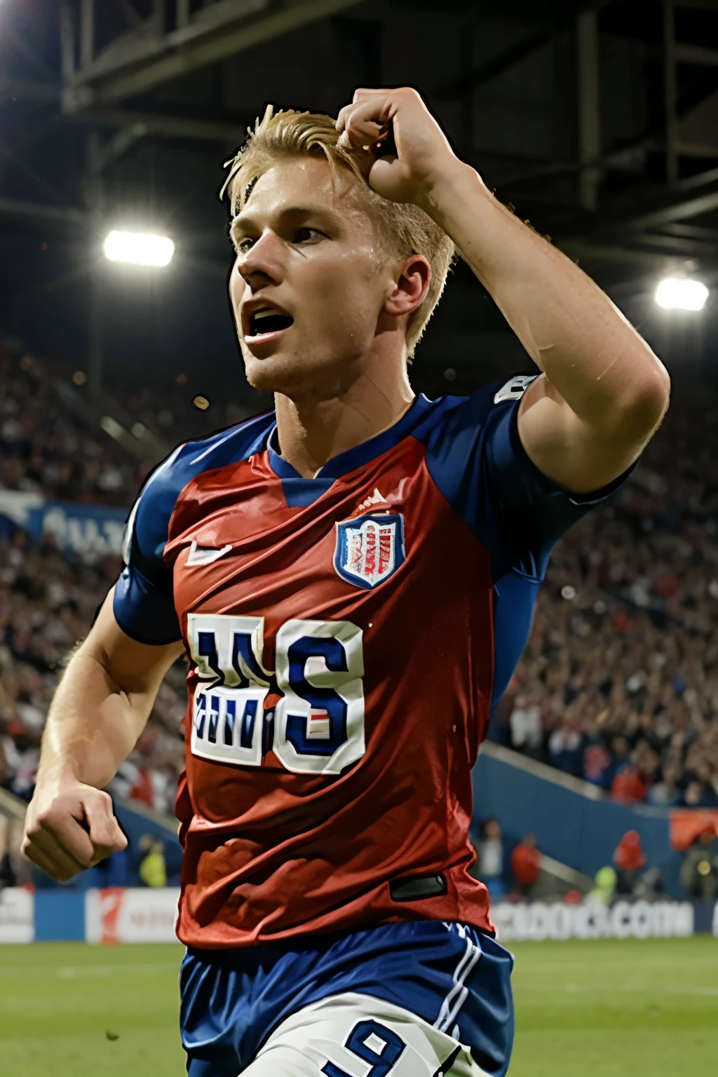 blonde male footballer celebrating with red and blue shirt celebrating a goal
