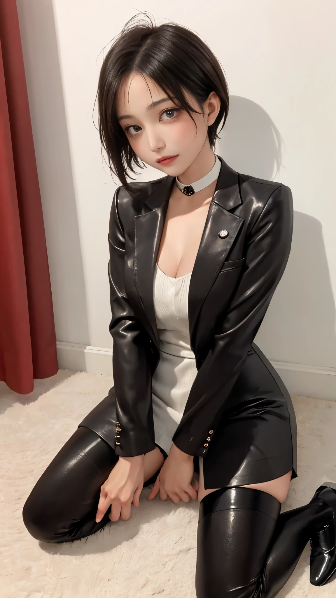 Woman walking in office hall, on a spoonful of alcohol, white walls, Gray table, posters on the wall,
(((masutepiece))), ((Best Quality)), ((intricate-detail)), ((hyper realisitic)), absurd res, A MILF, Small face、27-year-old woman, Perspective, Highly detailed, Illustration, 1girl in,(Big breasts), Perfect hands, Detailed fingers, Beautiful detailed eyes, Short hair, Brown eyes, vd, (business outfit:1.2), Blazer and slender lapel dress are the same color, Black leather tight skirt, Black Choker, earrings, Stockings, Detailed background, Bedroom, Perfect eyes, Seductive eyes, Looking at the viewer, from the front side、Angle from above、all-fours、1boy, penises、Falachio、, Woman sucking panis to the root、Angle from above