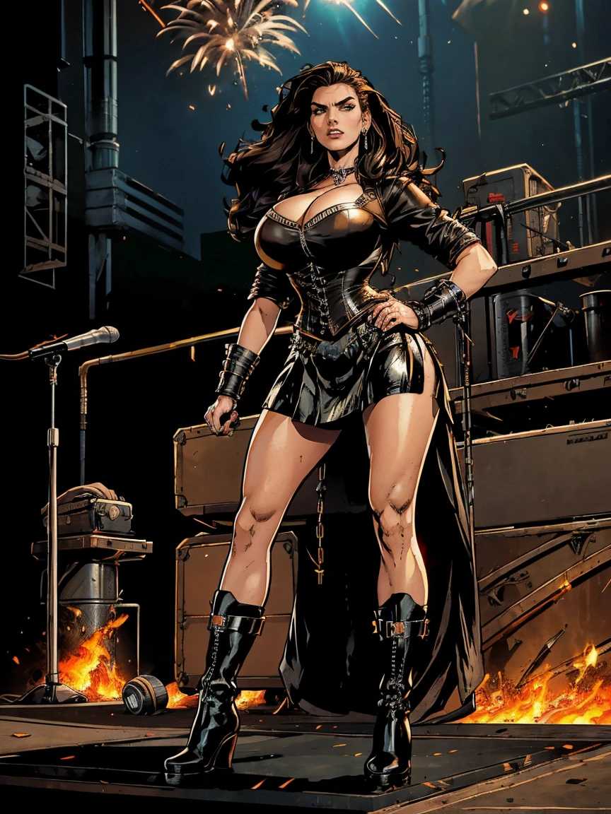 Extremely busty thin and toned brunette death metal singer, college girl, fair skin, big hair, hair pulled back, soft face, athletic, heavy makeup, piercings, black leather, studs, corset, boots, fingerless gloves, tight skirt, chains. standing on a stage, pyrotechnics, holding a microphone, metal concert. (microphone, fist in the sky), angry, rage, screaming. Heavy metal. Death metal. Explosions, fire.