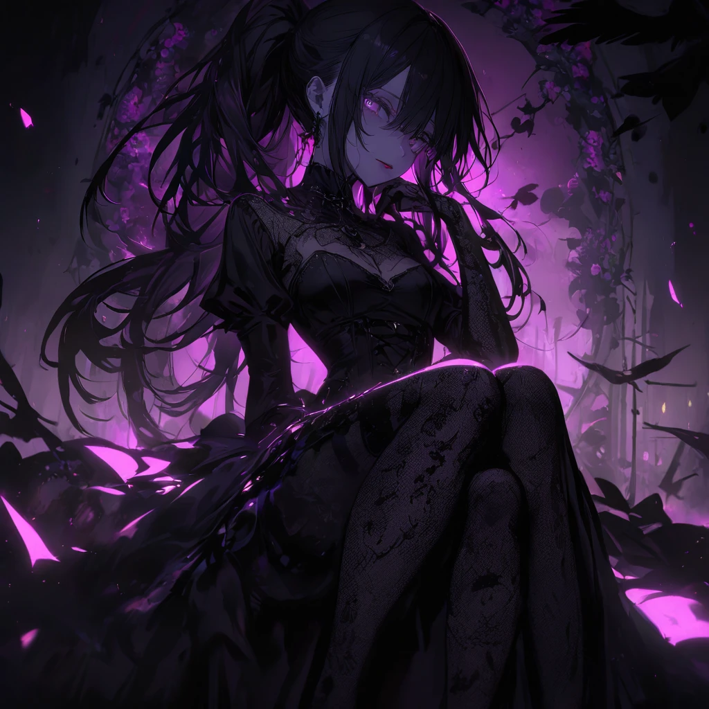 （dark atmosphere，gothic fashion，bright colors），（best quality，Super exquisite，），Sexy goth Vampire girl，In the rose garden at night，Beautiful and delicate eyes，Straight black ponytail with blue tips，Crow feathers，red lipstick，mysterious smile，Pale complexion，fishnet stockings，black lace dress，Pointed-toe bootysterious aura，The moonlight illuminates her elegant silhouette，Soft shadows and soft highlights，Contrasting colors create a vibrant atmosphere，dark and moody color palette，Subtle yet dramatic lighting effects，Sublime darkness intertwined with exquisite moonlight