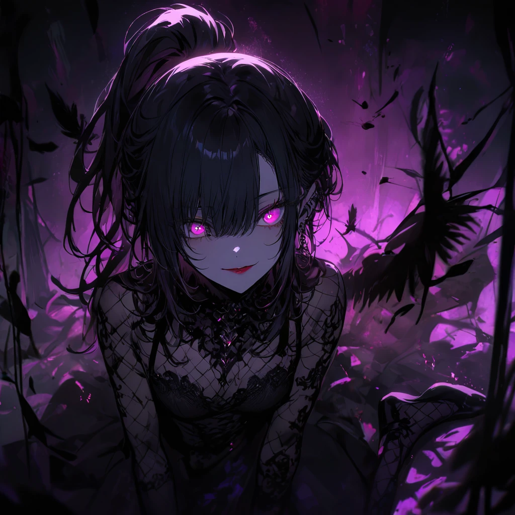 （dark atmosphere，gothic fashion，bright colors），（best quality，Super exquisite，），Sexy goth Vampire girl，In the rose garden at night，Beautiful and delicate eyes，Straight black ponytail with blue tips，Crow feathers，red lipstick，mysterious smile，Pale complexion，fishnet stockings，black lace dress，Pointed-toe bootysterious aura，The moonlight illuminates her elegant silhouette，Soft shadows and soft highlights，Contrasting colors create a vibrant atmosphere，dark and moody color palette，Subtle yet dramatic lighting effects，Sublime darkness intertwined with exquisite moonlight