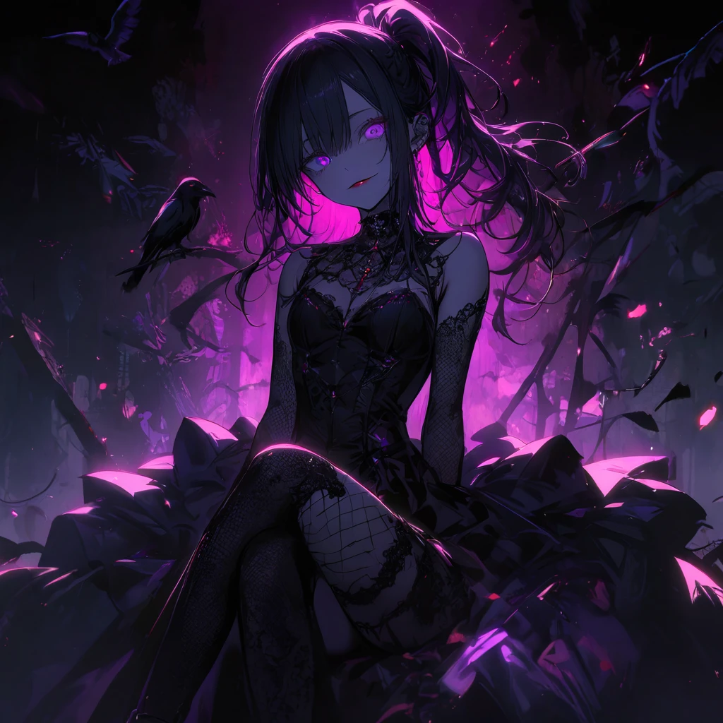 （dark atmosphere，gothic fashion，bright colors），（best quality，Super exquisite，），Sexy goth Vampire girl，In the rose garden at night，Beautiful and delicate eyes，Straight black ponytail with blue tips，Crow feathers，red lipstick，mysterious smile，Pale complexion，fishnet stockings，black lace dress，Pointed-toe bootysterious aura，The moonlight illuminates her elegant silhouette，Soft shadows and soft highlights，Contrasting colors create a vibrant atmosphere，dark and moody color palette，Subtle yet dramatic lighting effects，Sublime darkness intertwined with exquisite moonlight