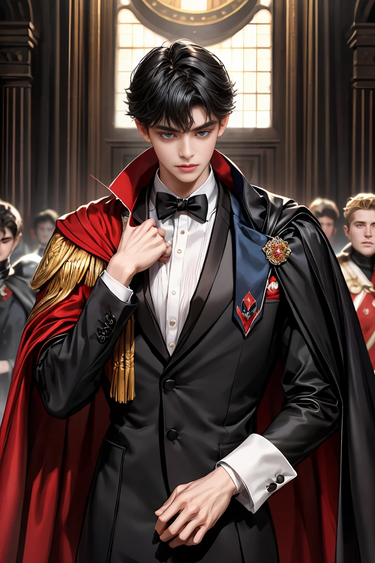 masterpiece, 最high quality, high quality, 1 boy, alone, Male focus, Watching the audience, Messy black hair, Adorable big blue eyes, White people, Noble, Noble,Sexy voluminous black and red cape、Tuxedo、A very voluminous, large, very large, very large, long, long red and black cape with a high stand-up collar, reaching down to the floor, made of a lot of fabric., 17 years old,Cute beautiful boys,Cute, cute, kind, handsome guy