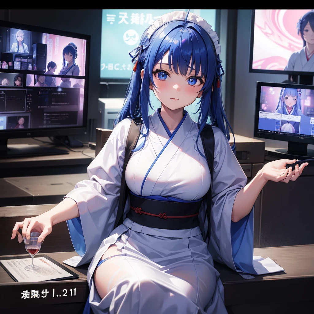 One woman,Maid,Wearing Japanese clothing,Multiple Monitors(Streaming screen hologram),Swirling blue light,Izakaya