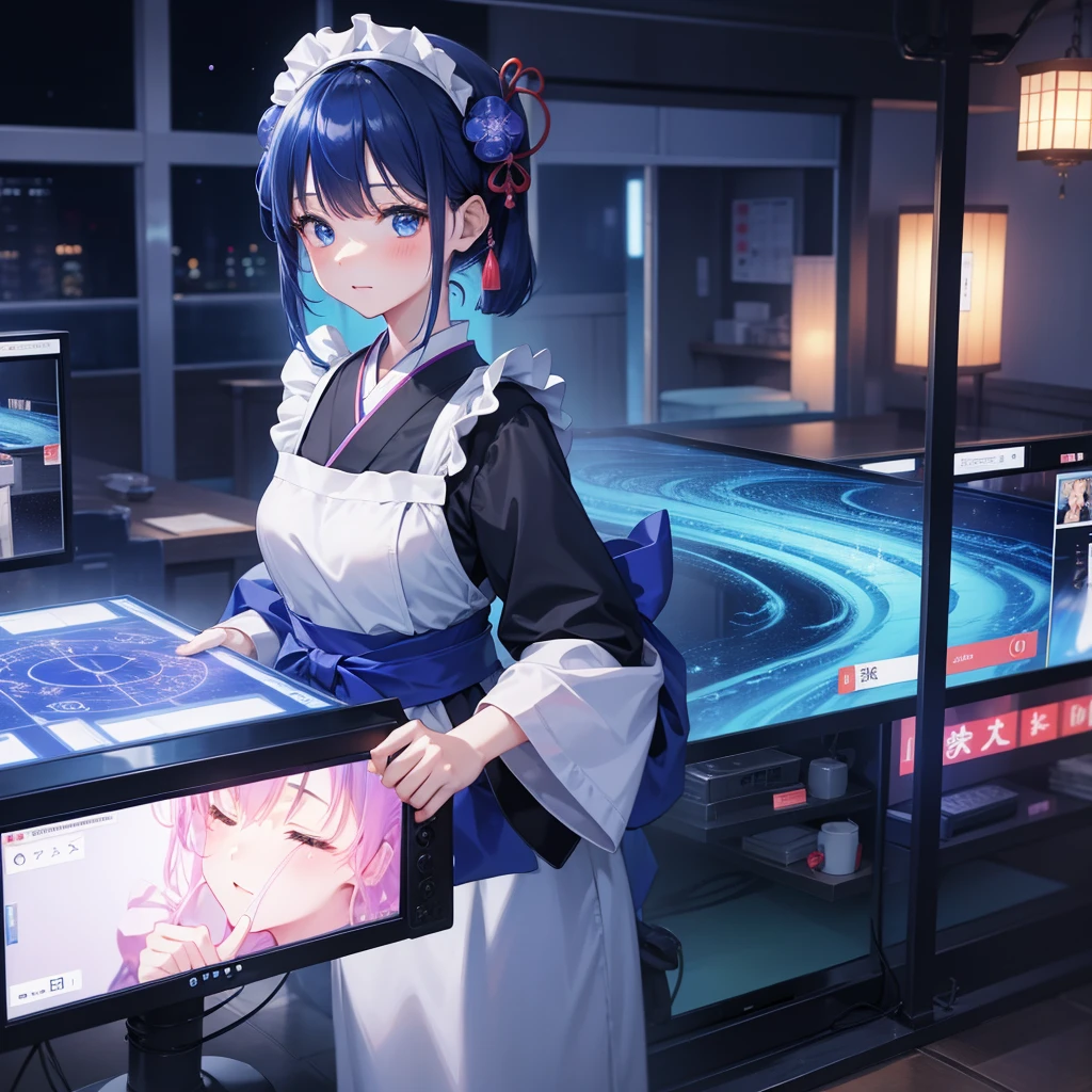 One woman,Maid,Wearing Japanese clothing,Multiple Monitors(Streaming screen hologram),Swirling blue light,Izakaya