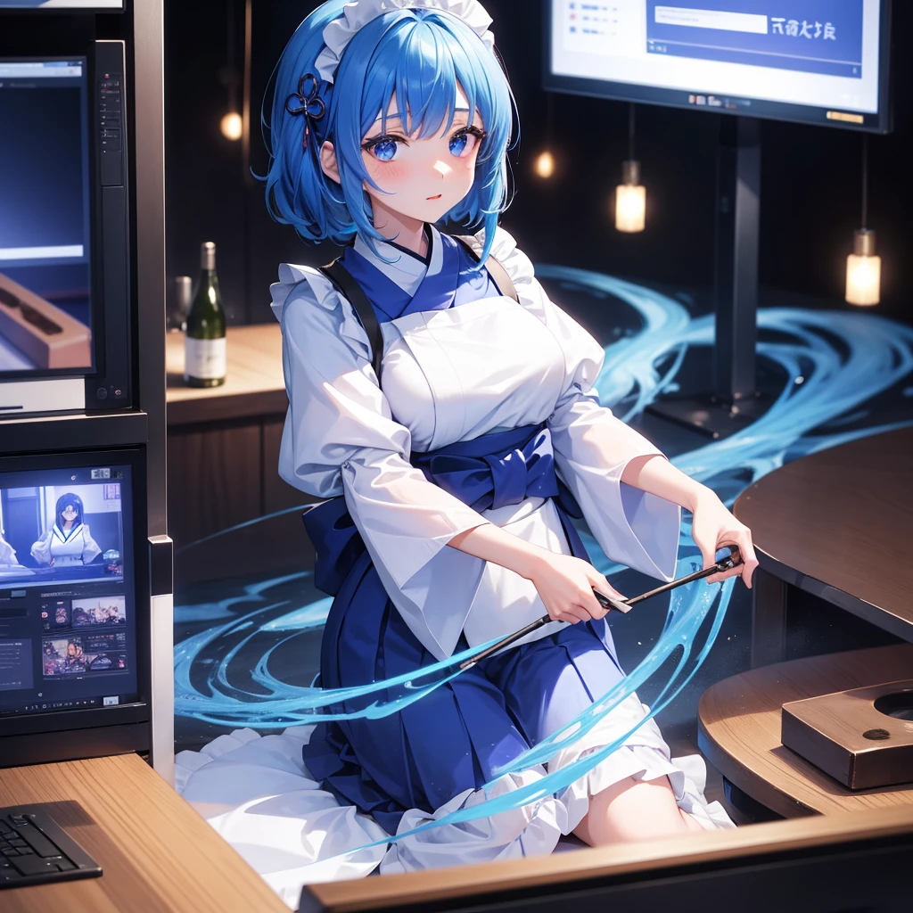One woman,Maid,Wearing Japanese clothing,Multiple Monitors(Streaming screen hologram),Swirling blue light,Izakaya