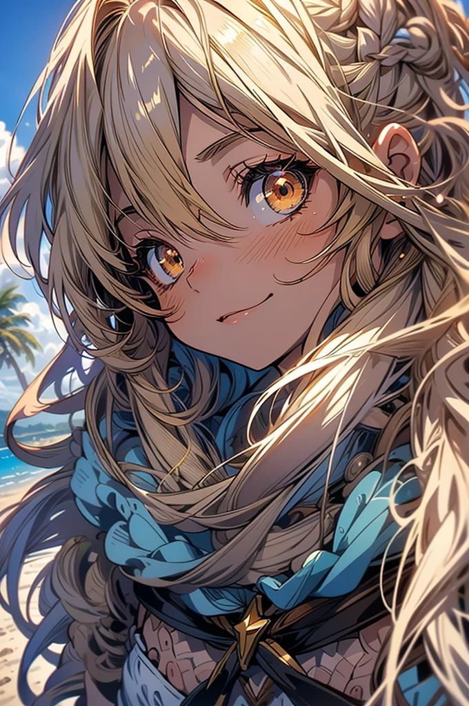masterpiece, rich colors, Best quality, detailed, high resolution, Hyper quality, high detail, , high quality, detailing, skinny sexy girl on the beach , bright lighting , Brown eyes, Anime, palm trees, bright lighting, blonde,