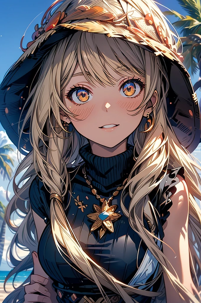 masterpiece, rich colors, Best quality, detailed, high resolution, Hyper quality, high detail, , high quality, detailing, skinny sexy girl on the beach , bright lighting , Brown eyes, Anime, palm trees, bright lighting, blonde,