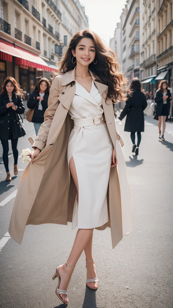 highest quality、4K、Perfect Face、Perfect Style、Sunburn、beautiful、stylish appeal、Mature、long layer curly hair、Swept-back hair、in paris 、full body, giddy smile、havin a rose bouquet 、hoop pierce、trench coat、backless, show more skin