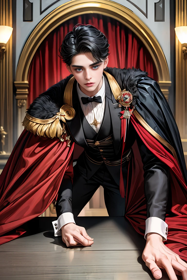 masterpiece, 最high quality, high quality, 1 boy, alone, Male focus, Watching the audience, Messy black hair, Adorable big blue eyes, White people, Noble, Noble,Sexy voluminous black and red cape、Tuxedo、A very voluminous, large, very large, very large, long, long red and black cape with a high stand-up collar, reaching down to the floor, made of a lot of fabric., 17 years old,Cute beautiful boys,Cute, cute, kind, handsome guy