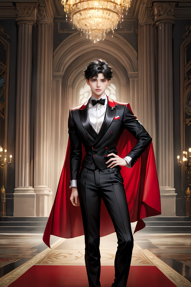 
masterpiece, 最high quality, high quality, 1 boy, alone, Male focus, Watching the audience,  Messy black hair, Adorable big blue eyes, White people, Noble, Noble,Sexy voluminous black and red cape、Tuxedo、A very voluminous, large, very large, very large, long, long red and black cape with a high stand-up collar, reaching down to the floor, made of a lot of fabric., ,Cute beautiful boys,Cute, cute, kind, handsome guy