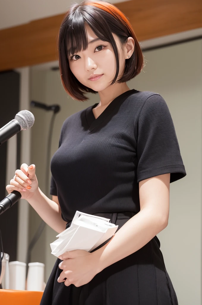 Please create an image of a Japanese woman in her 20s who looks like an idol、Black blouse、Short Bob、Orange Hair、indoor、Ultra HD、Highest Resolution、Put your entire upper body in、Hold the microphone、smile, Vertical aspect ratio