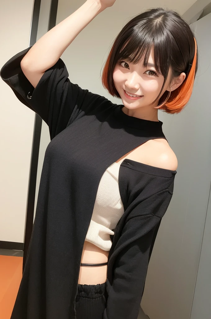 Please create an image of a Japanese woman in her 20s who looks like an idol、Black blouse、Short Bob、Orange Hair、indoor、Ultra HD、Highest Resolution、Put your entire upper body in、Hold the microphone、smile, Vertical aspect ratio