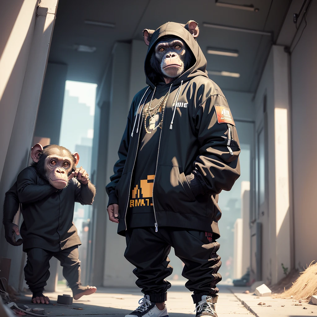 pixelart Generates an image of a Chimpanzee, with current rapper style clothing, Show full body, Transparent background.
