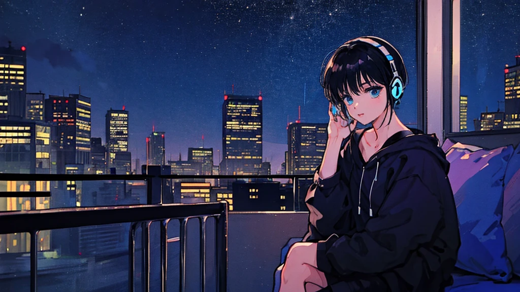 Black short Hair, Black Clothing, One Adult Woman Looking Sideways ,Blue headphones、 City of night, Delicate background、Masterpiece、Night Town、night、dark、Nostalgic、ポルシェの前