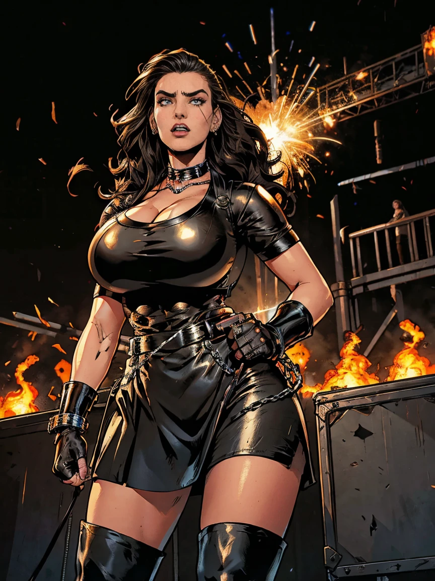 Extremely busty thin and toned brunette death metal singer, college girl, fair skin, big hair, hair pulled back, soft face, athletic, heavy makeup, piercings, black leather, studs, tight black top, boots, fingerless gloves, tight skirt, chains. standing on a stage, pyrotechnics, holding a microphone, metal concert. (microphone, fist in the sky), angry, rage, screaming. Heavy metal. Death metal. Explosions, fire.