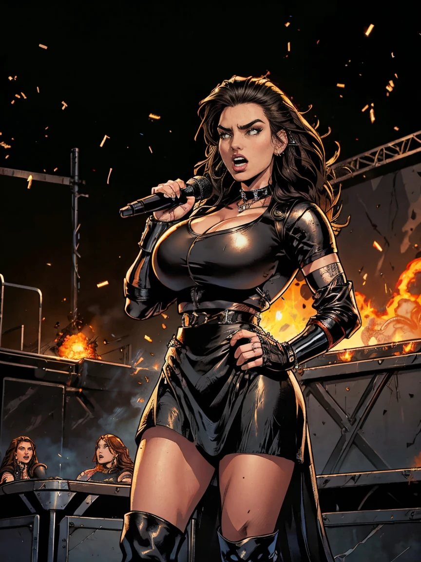Extremely busty thin and toned brunette death metal singer, college girl, fair skin, big hair, hair pulled back, soft face, athletic, heavy makeup, piercings, black leather, studs, TIGHT BLACK TOP, boots, fingerless gloves, tight skirt, chains. standing on a stage, pyrotechnics, holding a microphone, metal concert. (microphone, fist in the sky), angry, rage, screaming. Heavy metal. Death metal. Explosions, fire.