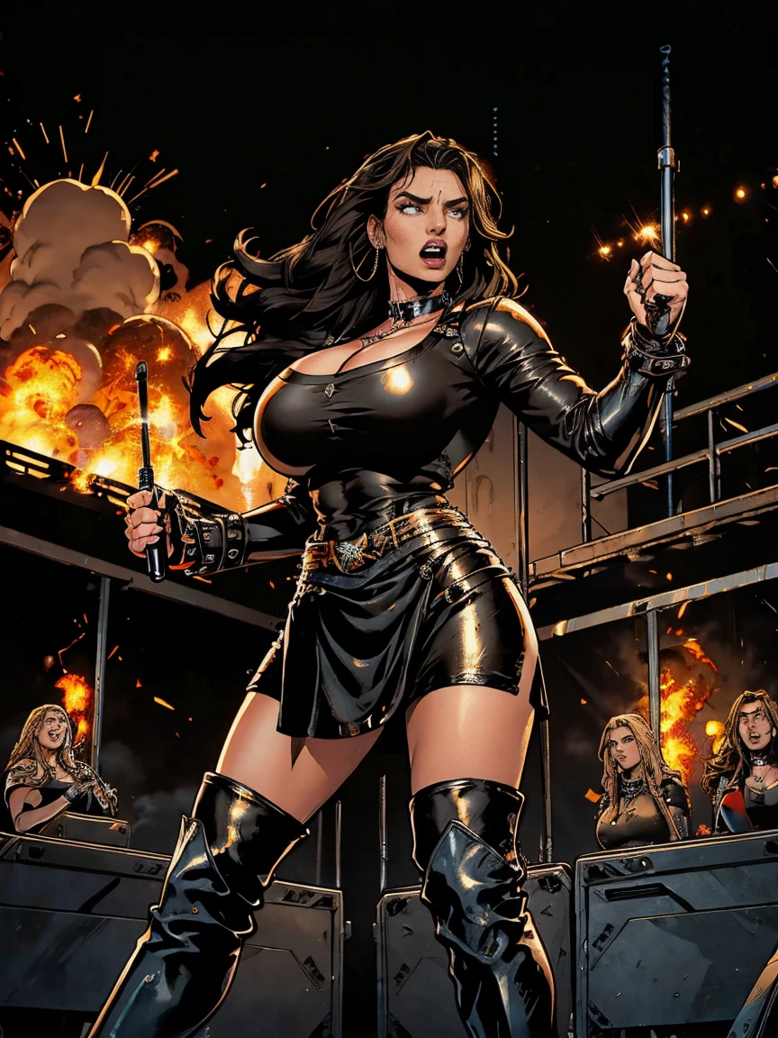 Extremely busty thin and toned brunette death metal singer, college girl, fair skin, big hair, hair pulled back, soft face, athletic, heavy makeup, piercings, black leather, studs, tight black top, boots, fingerless gloves, tight skirt, chains. standing on a stage, pyrotechnics, holding a microphone, metal concert. (microphone, fist in the sky), angry, rage, screaming. Heavy metal. Death metal. Explosions, fire.