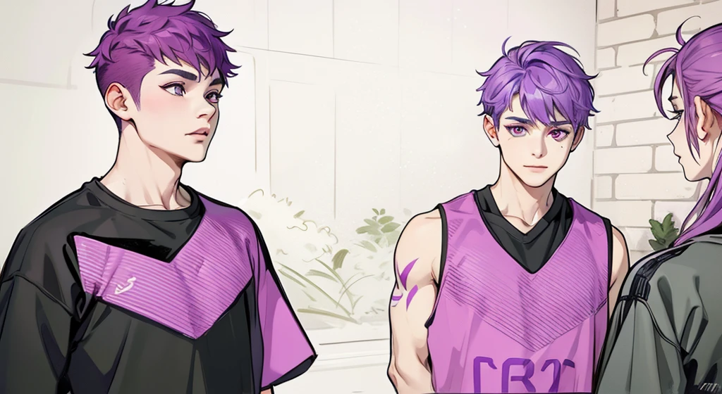 Two boys with purple hair and purple eyes, they are 18 years old, they are in front of a girl with purple hair who is giving them instructions.