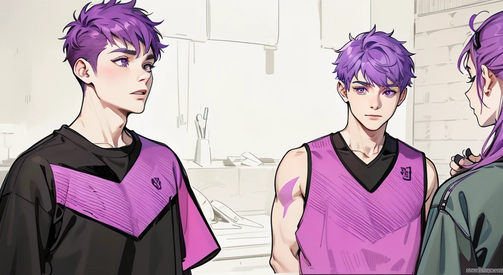 Two boys with purple hair and purple eyes, they are 18 years old, they are in front of a girl with purple hair who is giving them instructions.