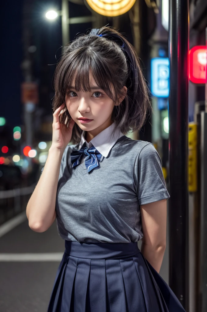 (8K, RAW Photos, masterpiece:1.3), (Realistic, photo-Realistic:1.37), (night), (View your viewers:1.331), (Gray Hair), Pause, Tokyo Street, nightcityscape, Cyberpunk City, Soft Light, One girl, Very beautiful face, bust, Put your hands down, Random hairstyle, Random representation, Big eyes, Lower abdomen, (Short sleeve .JK_shirt), JK_style, (dark blue JK_skirt), (bow JK_tie), Mix 4., Highest quality