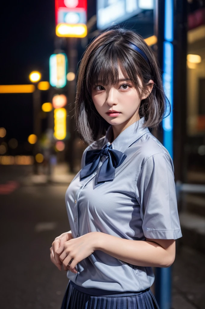 (8K, RAW Photos, masterpiece:1.3), (Realistic, photo-Realistic:1.37), (night), (View your viewers:1.331), (Gray Hair), Pause, Tokyo Street, nightcityscape, Cyberpunk City, Soft Light, One girl, Very beautiful face, bust, Put your hands down, Random hairstyle, Random representation, Big eyes, Lower abdomen, (Short sleeve .JK_shirt), JK_style, (dark blue JK_skirt), (bow JK_tie), Mix 4., Highest quality