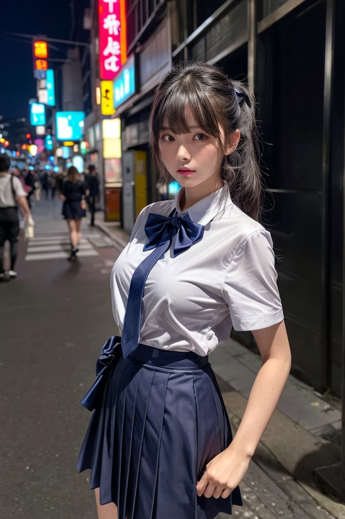(8K, RAW Photos, masterpiece:1.3), (Realistic, photo-Realistic:1.37), (night), (View your viewers:1.331), (Gray Hair), Pause, Tokyo Street, nightcityscape, Cyberpunk City, Soft Light, One girl, Very beautiful face, bust, Put your hands down, Random hairstyle, Random representation, Big eyes, Lower abdomen, (Short sleeve .JK_shirt), JK_style, (dark blue JK_skirt), (bow JK_tie), Mix 4., Highest quality