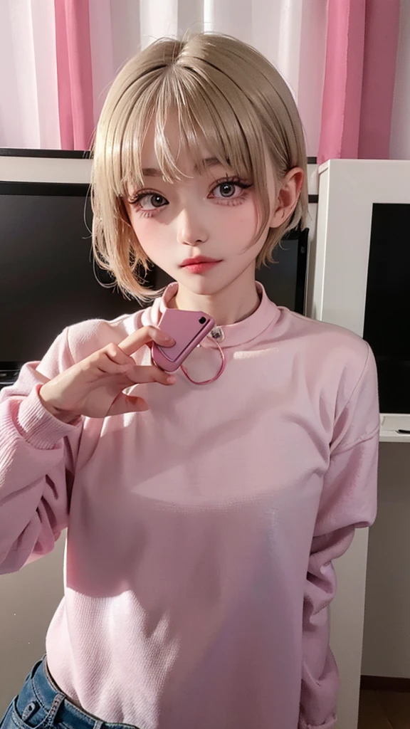 posing for camera, blonde hair, bangs, pink preppy outfit, hotel room