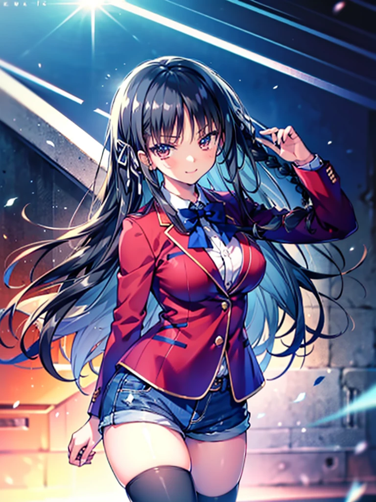 (8K, Highest quality, Highest quality, masterpiece), aasuzune, long hair, black hair, (single braid:1.2), hair ribbon, red jacket, blazer, blue bowtie, long sleeves, black thighhighs, smile, denim hot shorts, mini shorts, big breasts