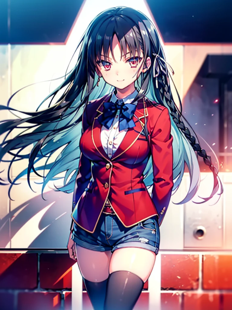 (8K, Highest quality, Highest quality, masterpiece), aasuzune, long hair, black hair, (single braid:1.2), hair ribbon, red jacket, blazer, blue bowtie, long sleeves, black thighhighs, smile, denim hot shorts, mini shorts, big breasts