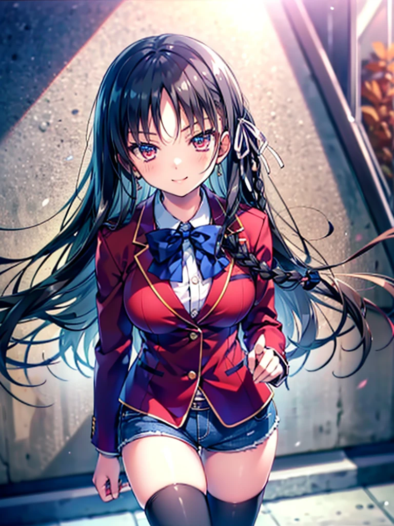 (8K, Highest quality, Highest quality, masterpiece), aasuzune, long hair, black hair, (single braid:1.2), hair ribbon, red jacket, blazer, blue bowtie, long sleeves, black thighhighs, smile, denim hot shorts, mini shorts, big breasts