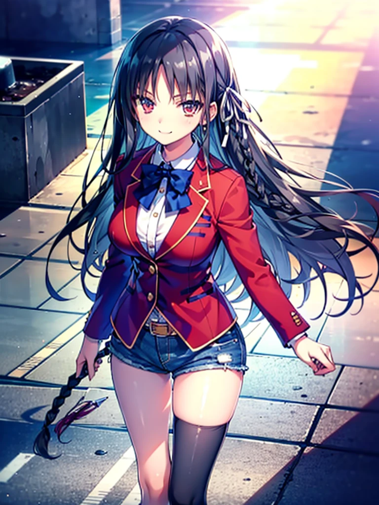 (8K, Highest quality, Highest quality, masterpiece), aasuzune, long hair, black hair, (single braid:1.2), hair ribbon, red jacket, blazer, blue bowtie, long sleeves, black thighhighs, smile, denim hot shorts, mini shorts, big breasts