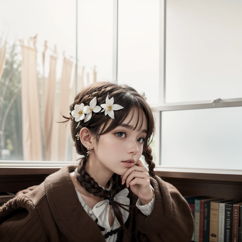 (Masterpiece:1.3), (Best Quality:1.3),inside,Bookshelf,window,Alone,1 girl, journey_black beer, Upper part of the body, standing,Brown Hair, Brown eyes, Alone, Hairclip, earrings, jewelry, short_Hair, White_hats, has, Hair_ornament, Brown_gloves, collar, short_shorts, x Hair ornament, red shorts, braid,