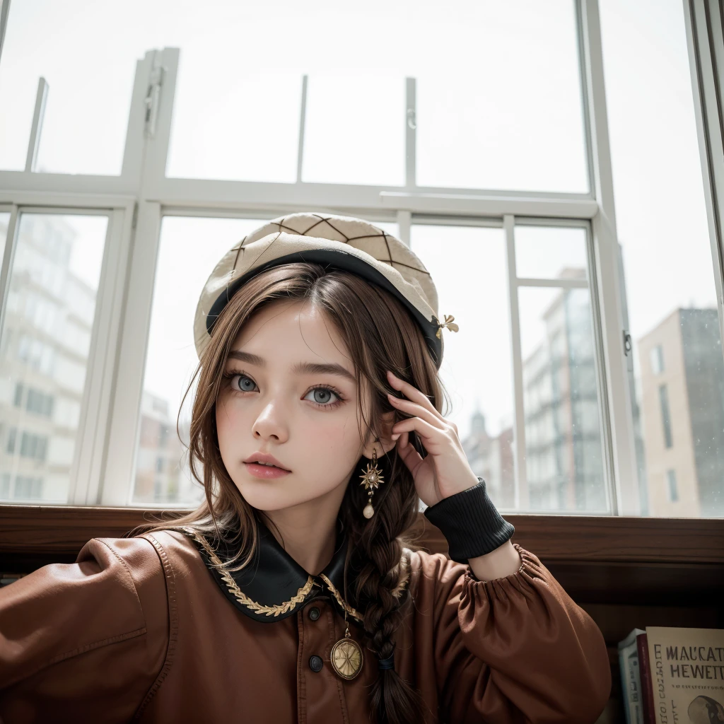  (Masterpiece:1.3), (Best Quality:1.3),inside,Bookshelf,window,Alone,1 girl, journey_black beer, Upper part of the body, standing,Brown Hair, Brown eyes, Alone, Hairclip, earrings, jewelry, short_Hair, White_hats, has, Hair_ornament, Brown_gloves, collar, short_shorts, x Hair ornament, red shorts, braid,